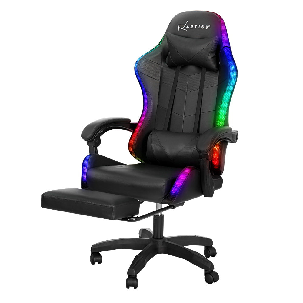 Artiss Point Massage Gaming Chair with LED Lights Footrest Black