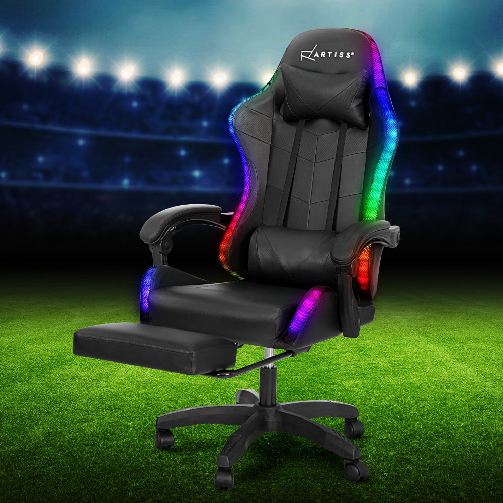 Artiss 6 Point Massage Gaming Chair with 7 LED Lights & Footrest - Black