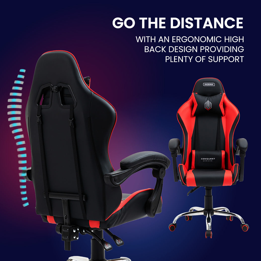 OVERDRIVE Conquest Series - Ergonomic Reclining Gaming Chair with Lumbar & Neck Pillows - Black/Red