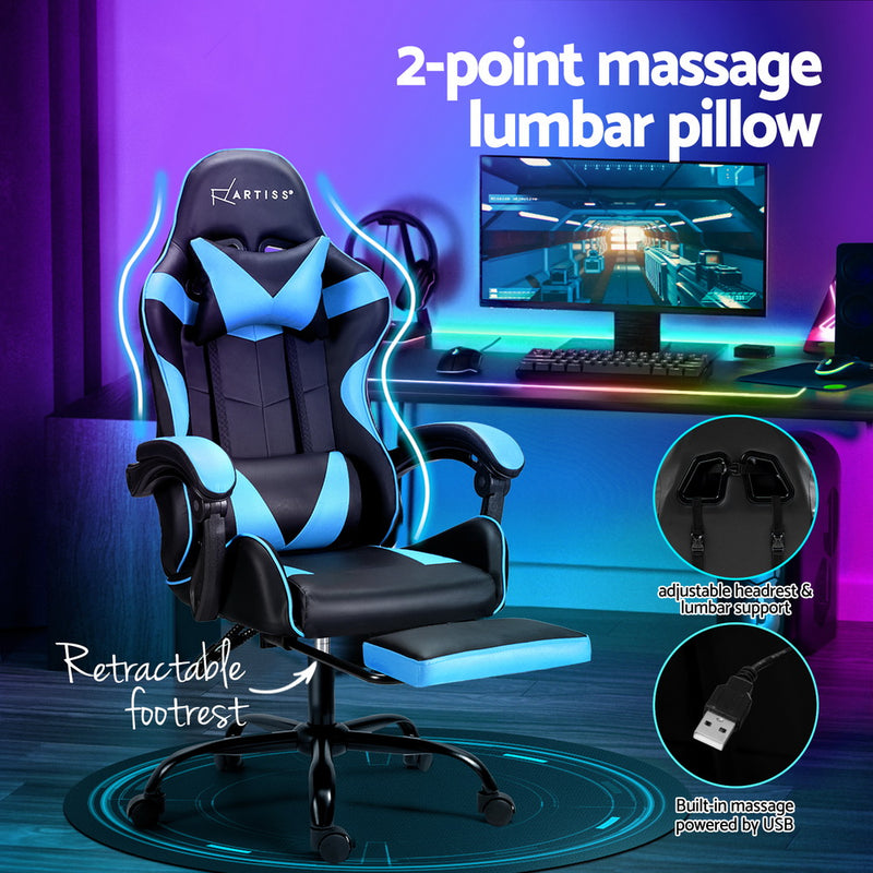 Artiss 2 Point Massage Gaming Chair with Footrest - Black/Cyan Blue