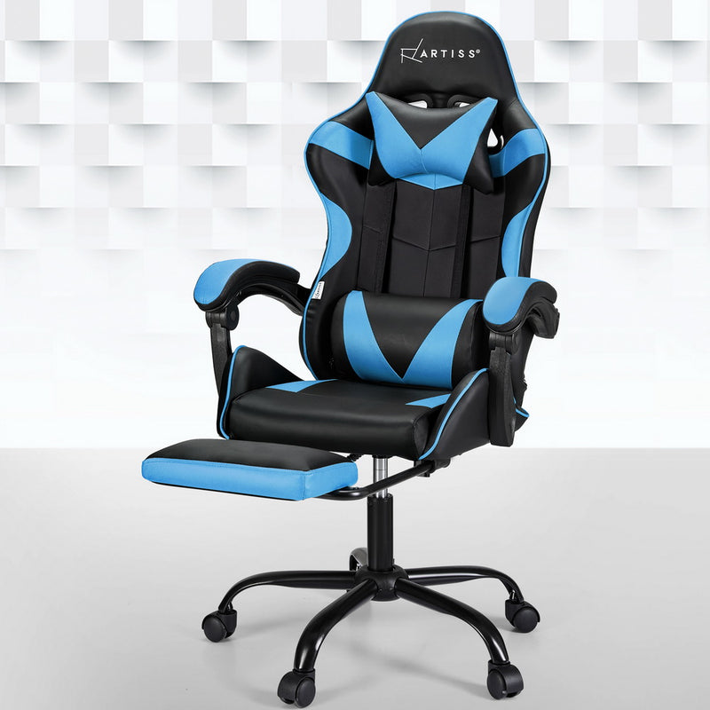 Artiss 2 Point Massage Gaming Chair with Footrest - Black/Cyan Blue