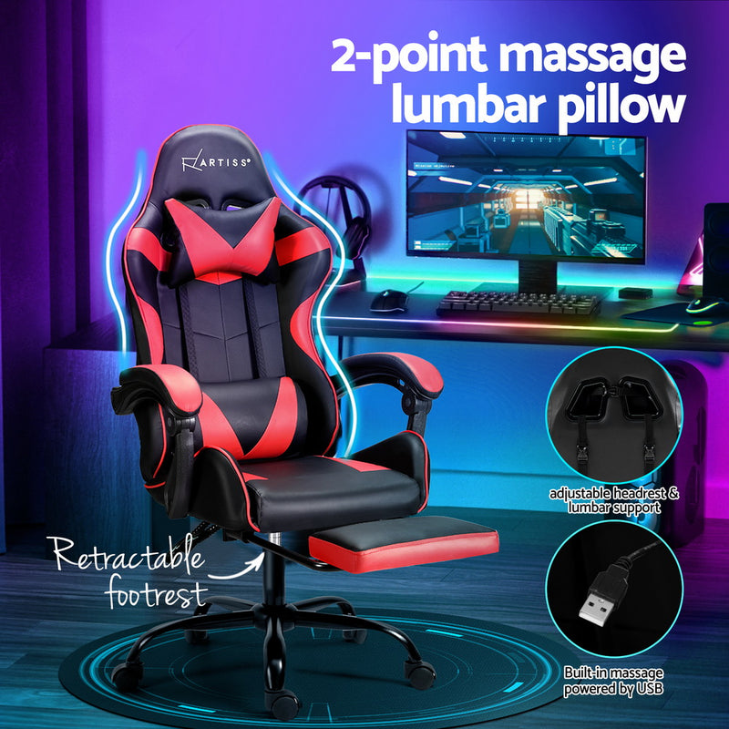 Artiss 2 Point Massage Gaming Chair with Footrest - Black/Red