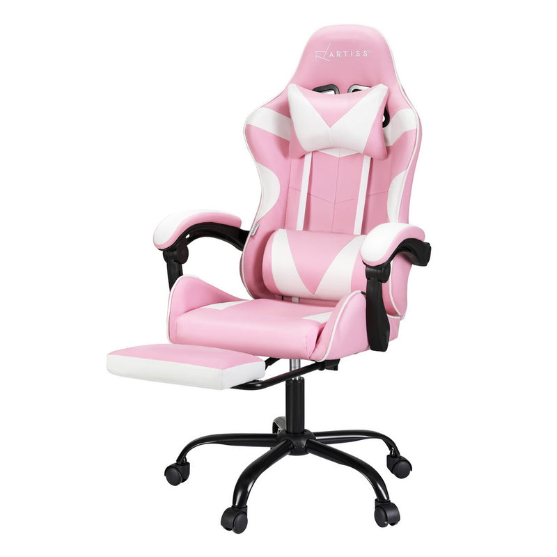 Artiss 2 Point Massage Gaming Chair with Footrest - Pink/White