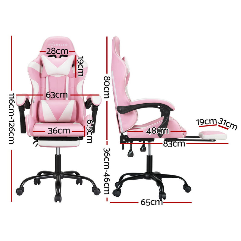 Artiss 2 Point Massage Gaming Chair with Footrest - Pink/White