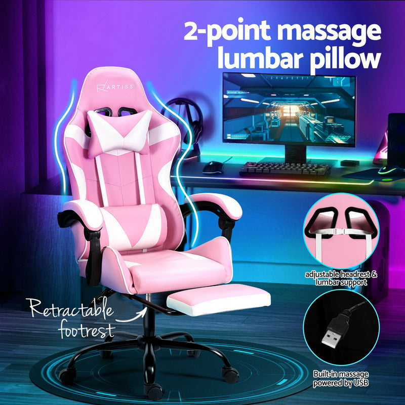 Artiss 2 Point Massage Gaming Chair with Footrest - Pink/White