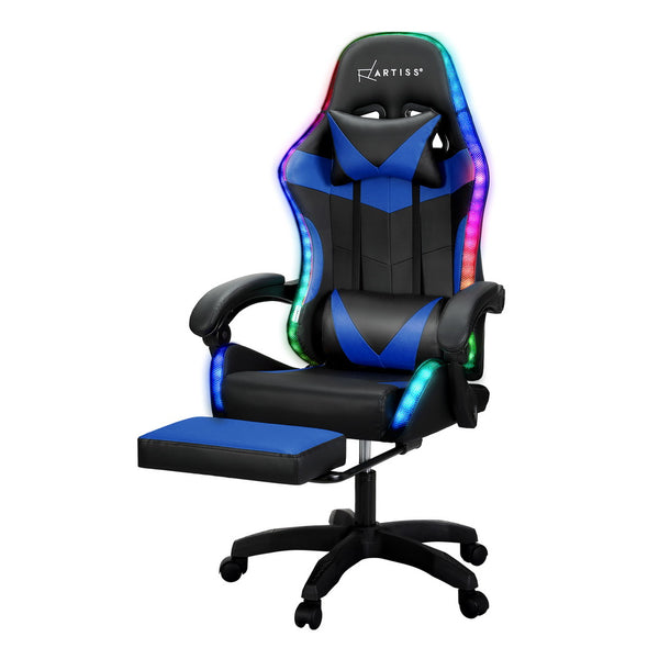 Artiss 6 Point Massage Gaming Chair with 7 LED Lights & Footrest - Black/Blue