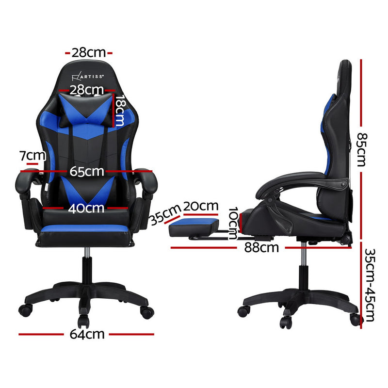 Artiss 6 Point Massage Gaming Chair with 7 LED Lights & Footrest - Black/Blue