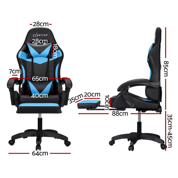 Artiss 6 Point Massage Gaming Chair with 7 LED Lights & Footrest - Black/Cyan Blue