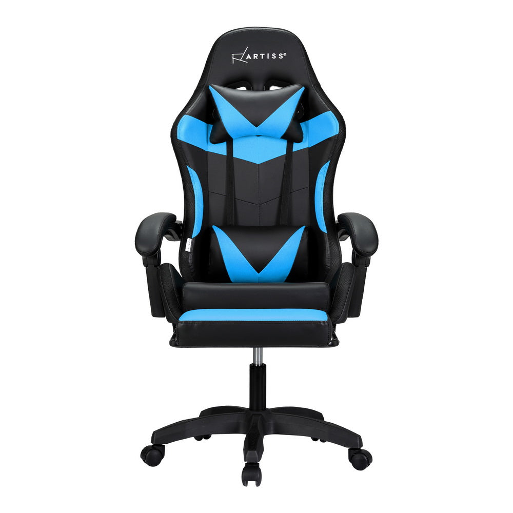 Artiss 6 Point Massage Gaming Chair with 7 LED Lights & Footrest - Black/Cyan Blue