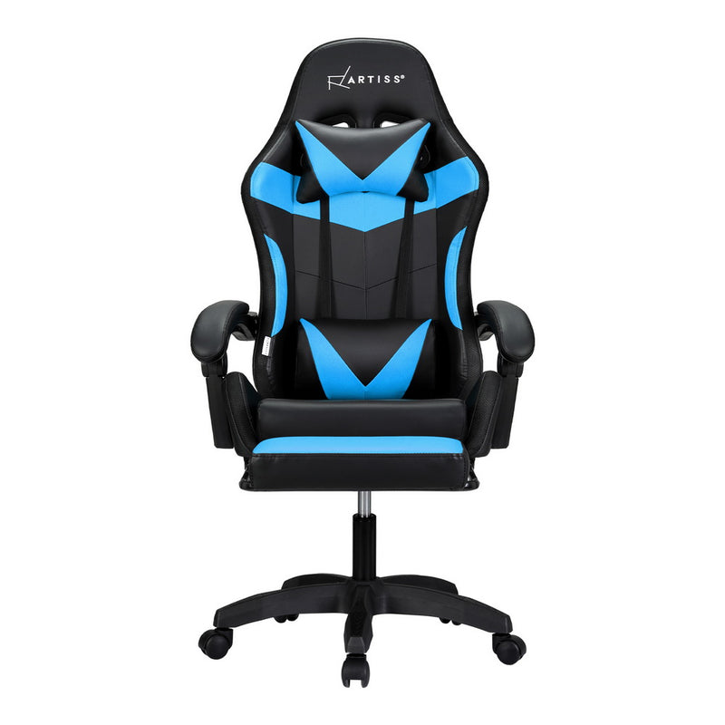 Artiss 6 Point Massage Gaming Chair with 7 LED Lights & Footrest - Black/Cyan Blue