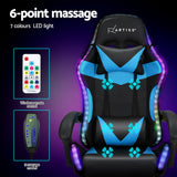 Artiss 6 Point Massage Gaming Chair with 7 LED Lights & Footrest - Black/Cyan Blue