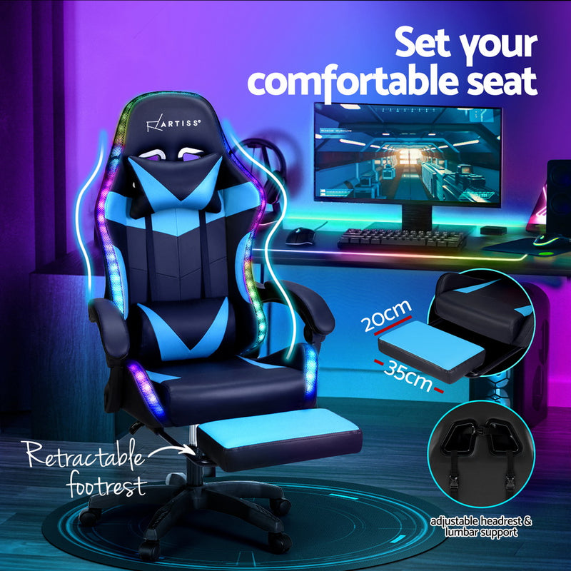 Artiss 6 Point Massage Gaming Chair with 7 LED Lights & Footrest - Black/Cyan Blue