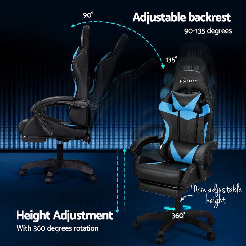 Artiss 6 Point Massage Gaming Chair with 7 LED Lights & Footrest - Black/Cyan Blue