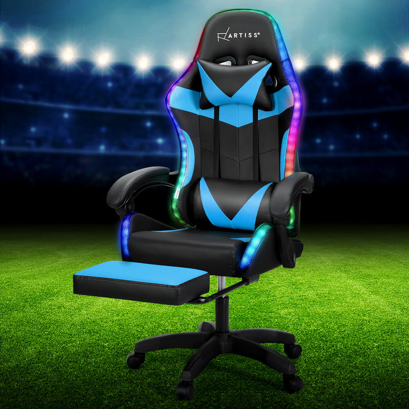 Artiss 6 Point Massage Gaming Chair with 7 LED Lights & Footrest - Black/Cyan Blue