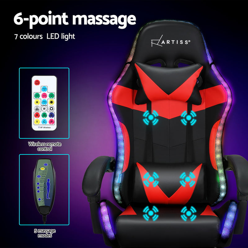 Artiss 6 Point Massage Gaming Chair with 7 LED Lights & Footrest - Black/Red