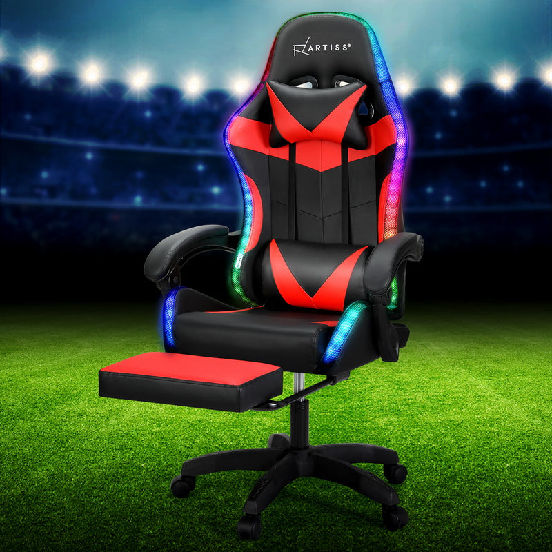 Artiss 6 Point Massage Gaming Chair with 7 LED Lights & Footrest - Black/Red