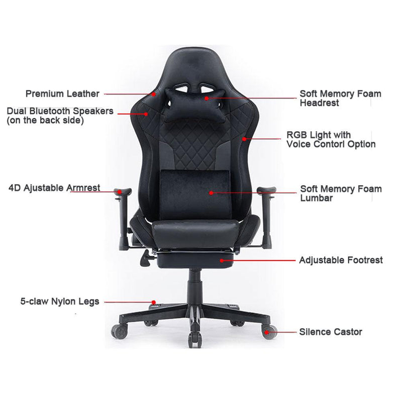 amazingooh Reclining Gaming Chair with RGB Lights & Bluetooth Speaker - Black