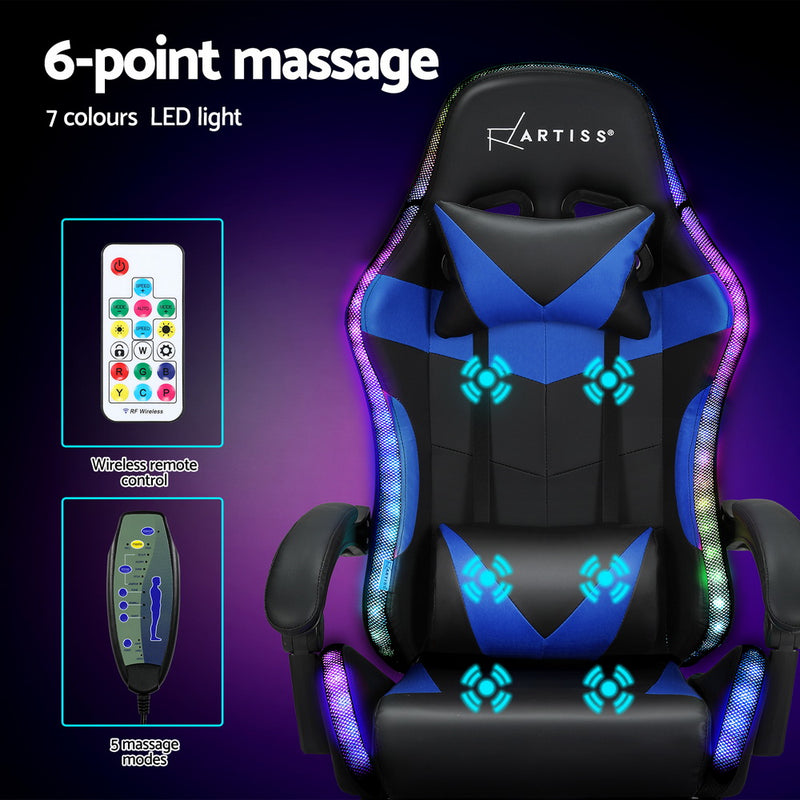 Artiss 6 Point Massage Gaming Chair with 7 LED Lights & Footrest - Black/Blue