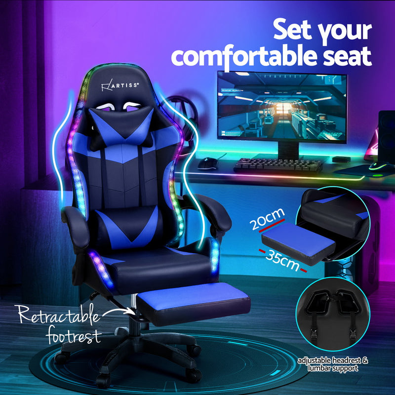 Artiss 6 Point Massage Gaming Chair with 7 LED Lights & Footrest - Black/Blue