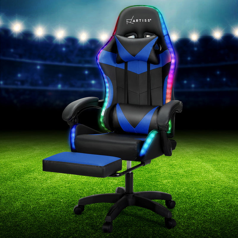 Artiss 6 Point Massage Gaming Chair with 7 LED Lights & Footrest - Black/Blue