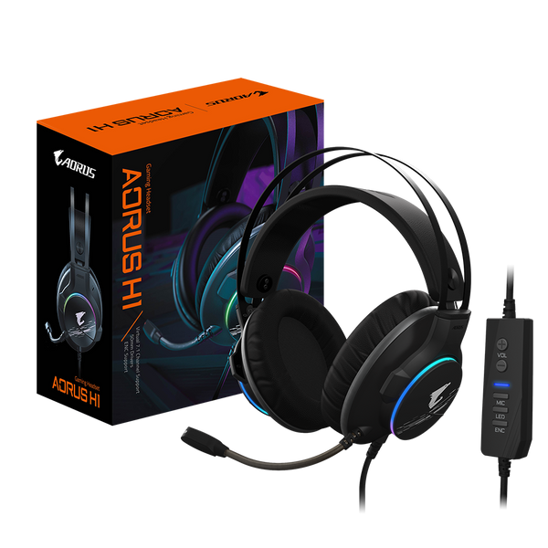 GIGABYTE AORUS H1 Gaming Headset, Virtual 7.1 Channel, 50mm Drivers, RGB, In-Line Audio Controls, ENC Microphone,