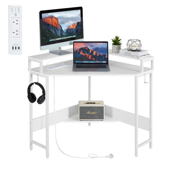 L-Shaped Corner Desk with Built-In Charging Station - White