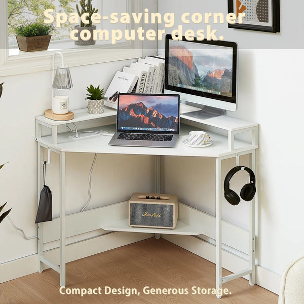 L-Shaped Corner Desk with Built-In Charging Station - White