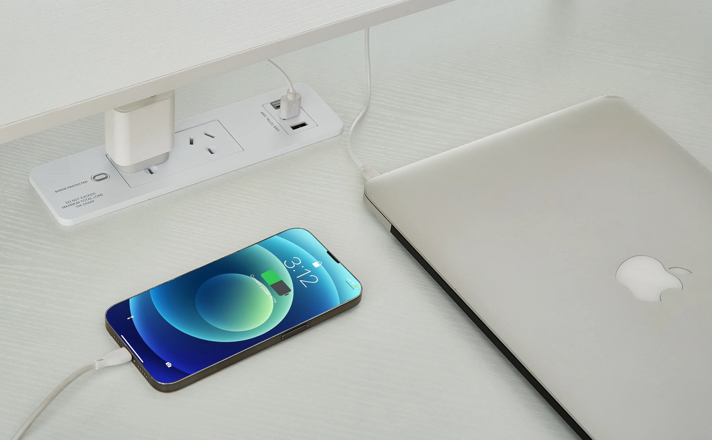 L-Shaped Corner Desk with Built-In Charging Station - White