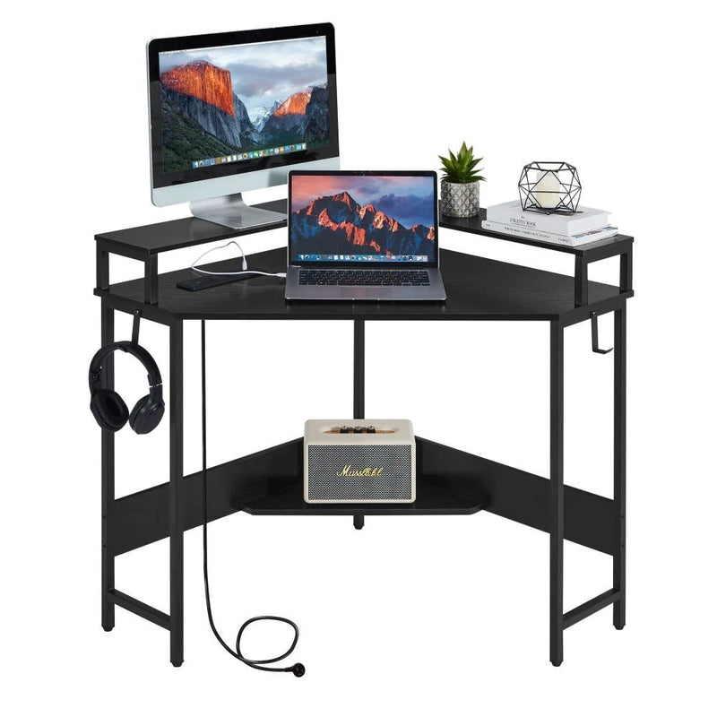 L-Shaped Corner Desk with Built-In Charging Station - Black