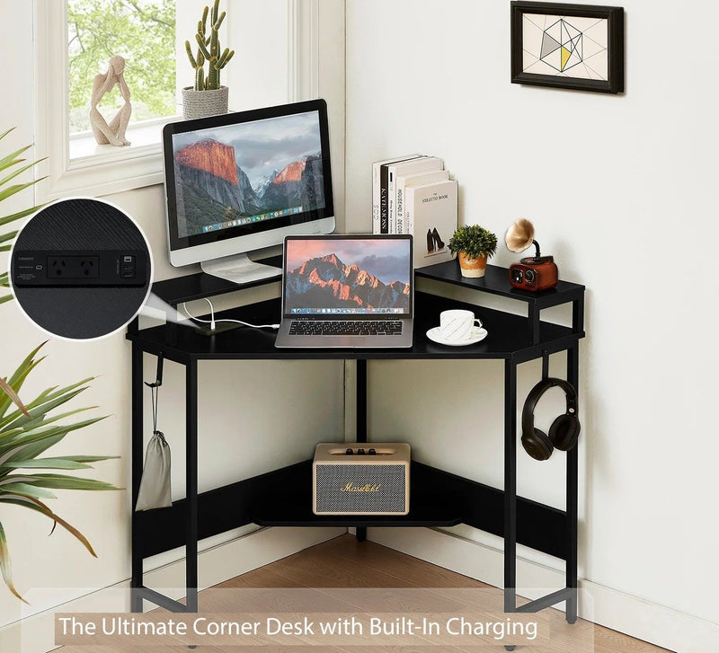 L-Shaped Corner Desk with Built-In Charging Station - Black