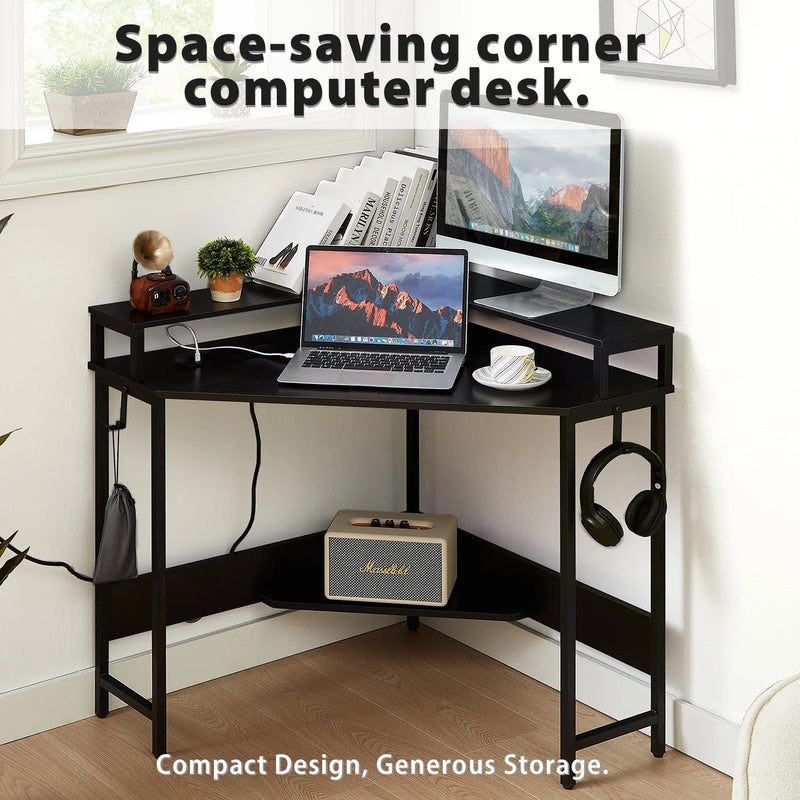 L-Shaped Corner Desk with Built-In Charging Station - Black