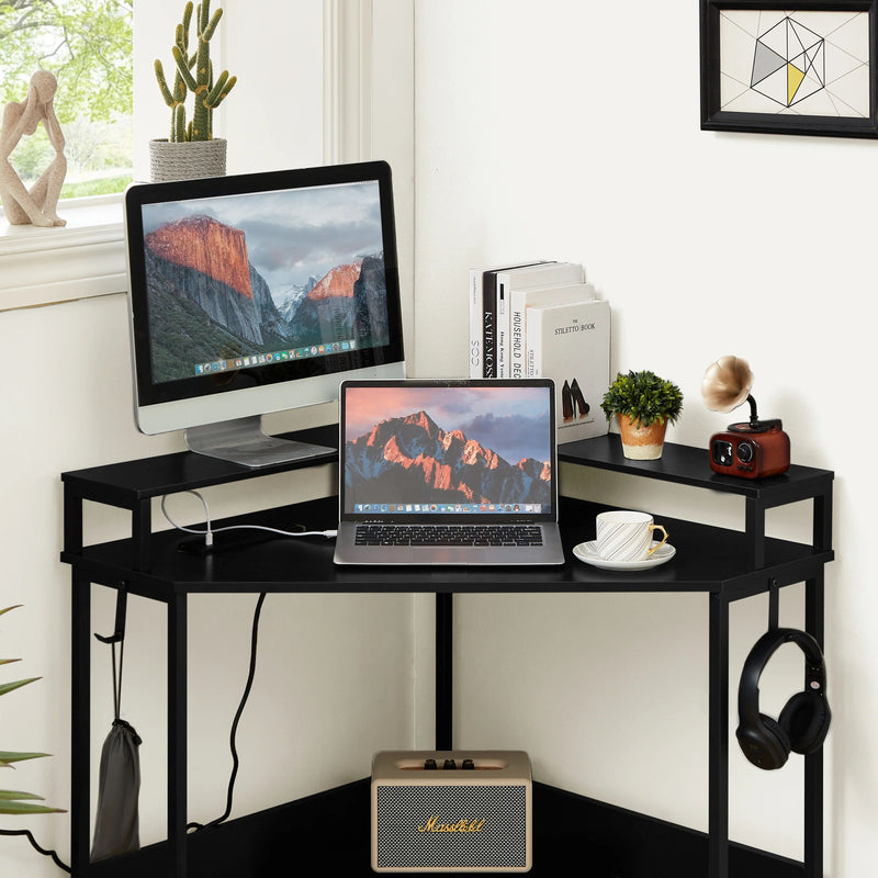 L-Shaped Corner Desk with Built-In Charging Station - Black