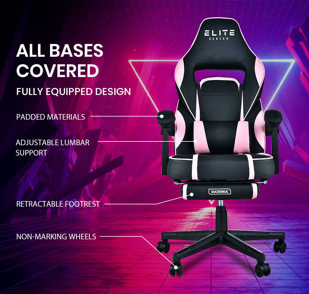 OVERDRIVE Elite Series - Reclining Gaming Chair with Foot Rest - Black/Pink