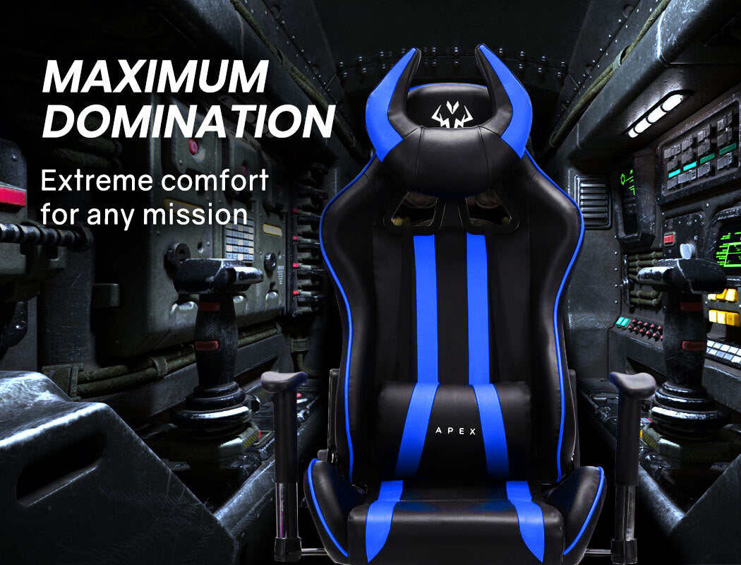 OVERDRIVE Diablo Series - Reclining Gaming Chair with Lumbar & Neck Pillow Horns - Black/Blue