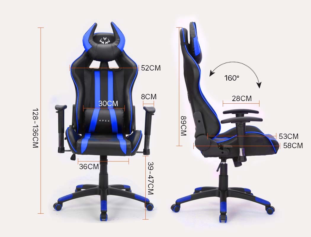 OVERDRIVE Diablo Series - Reclining Gaming Chair with Lumbar & Neck Pillow Horns - Black/Blue