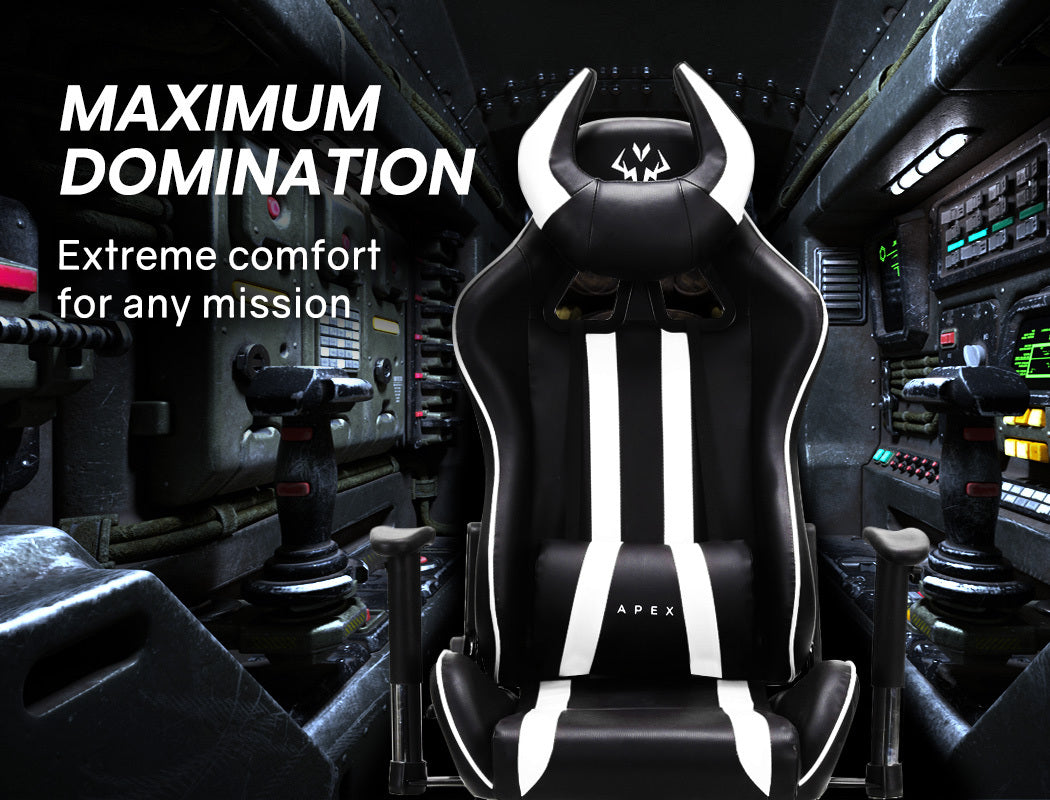 OVERDRIVE Diablo Series - Reclining Gaming Chair with Lumbar & Neck Pillow Horns - Black/White