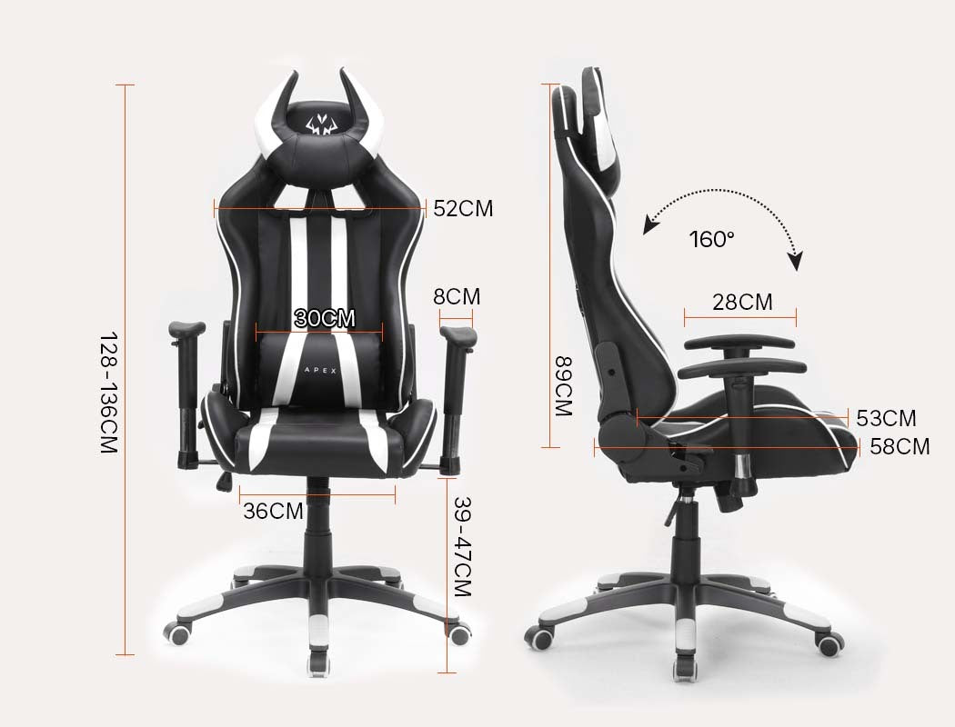 OVERDRIVE Diablo Series - Reclining Gaming Chair with Lumbar & Neck Pillow Horns - Black/White