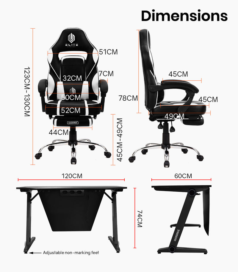 OVERDRIVE Gaming Chair & Desk Combo - Black/White