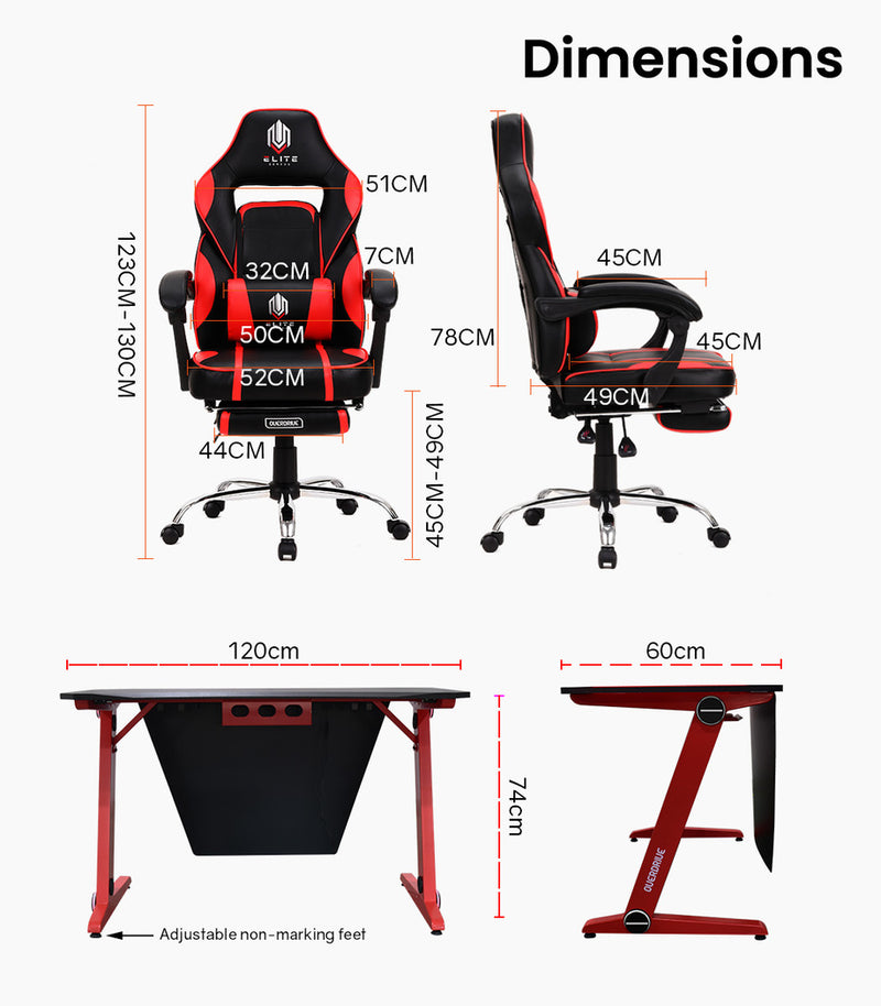 OVERDRIVE Gaming Chair & Desk Combo with Z-Shaped Legs - 120cm Black/Red