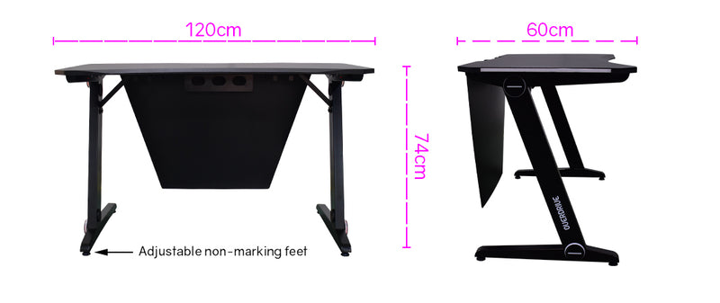 OVERDRIVE Gaming Desk with Z-Shaped Legs & LED Lights - 120cm Black