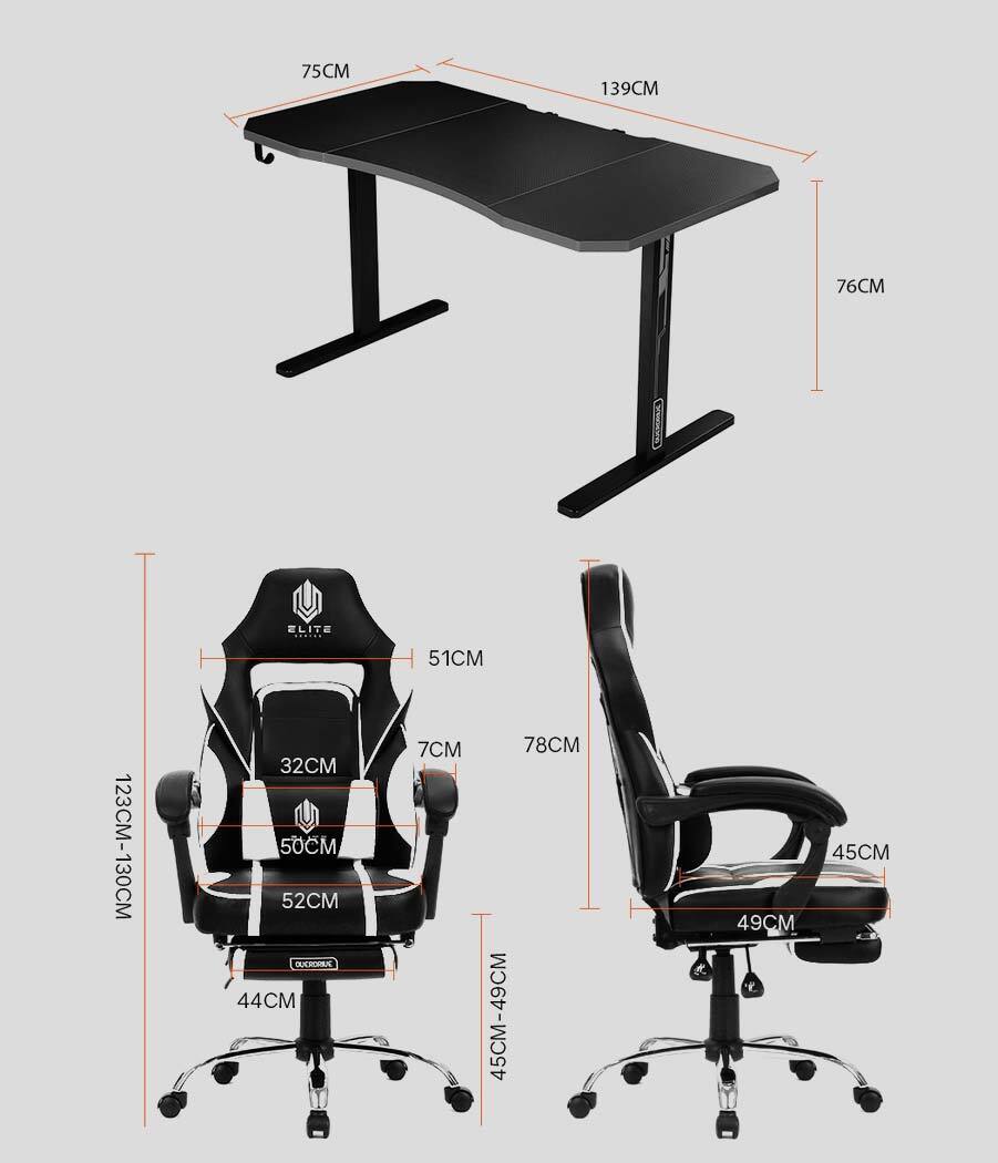OVERDRIVE Gaming Chair & Desk Combo - Black/White/Grey