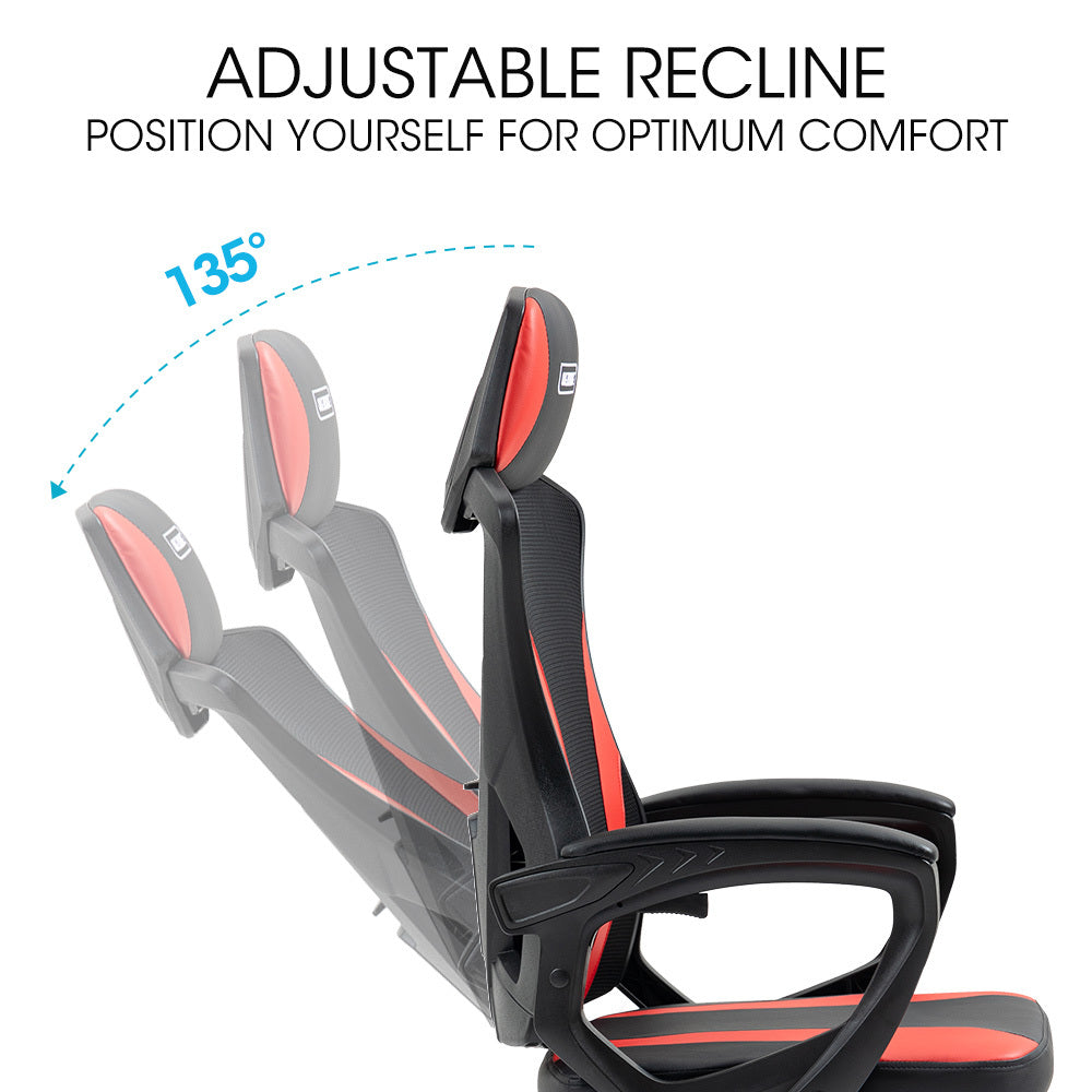 OVERDRIVE Ergonomic Mesh Gaming Chair with Lumbar Support & Headrest - Black/Red