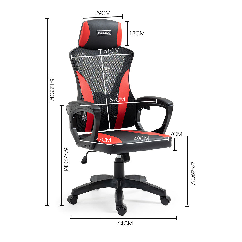 OVERDRIVE Ergonomic Mesh Gaming Chair with Lumbar Support & Headrest - Black/Red