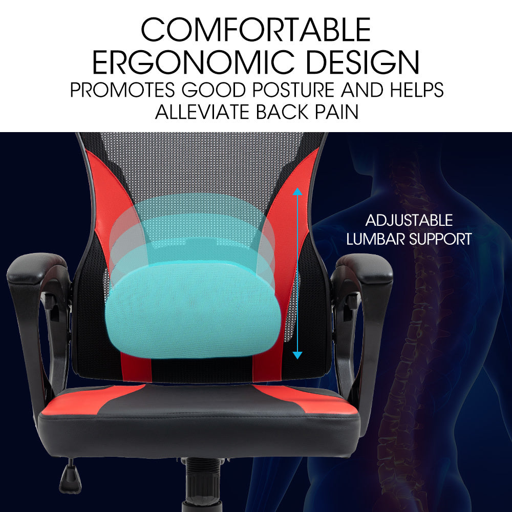 OVERDRIVE Ergonomic Mesh Gaming Chair with Lumbar Support & Headrest - Black/Red
