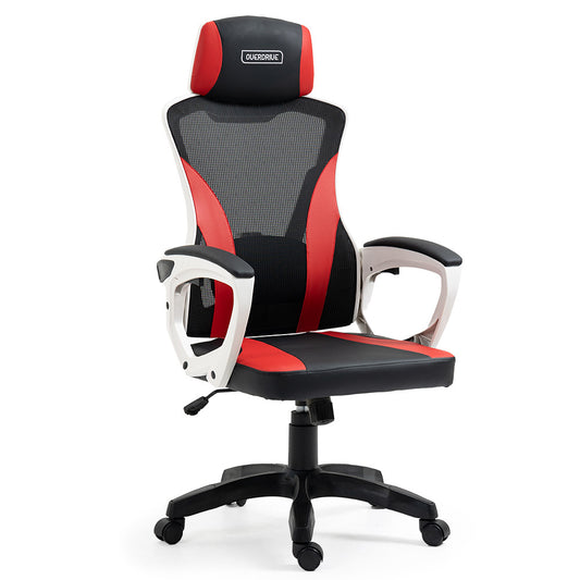 OVERDRIVE Ergonomic Mesh Gaming Chair with Lumbar Support & Headrest - Black/White/Red