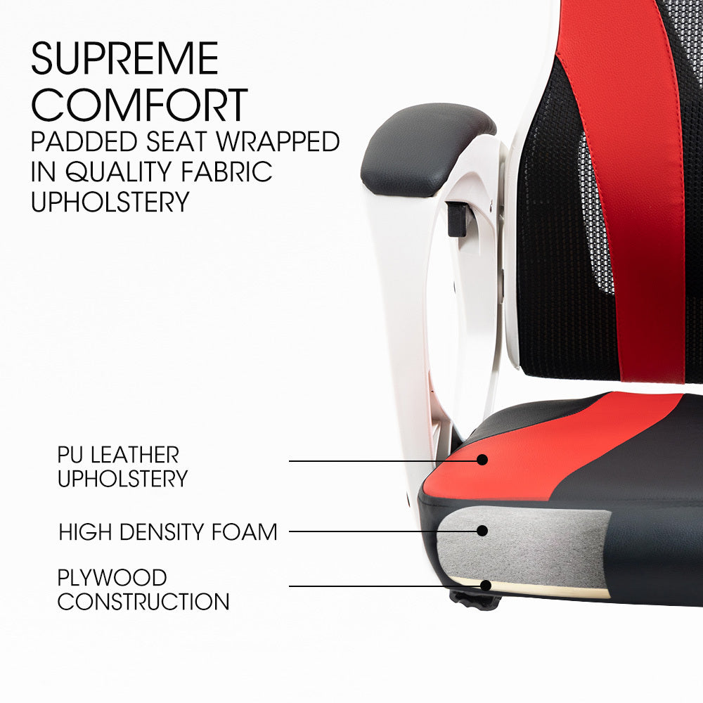 OVERDRIVE Ergonomic Mesh Gaming Chair with Lumbar Support & Headrest - Black/White/Red