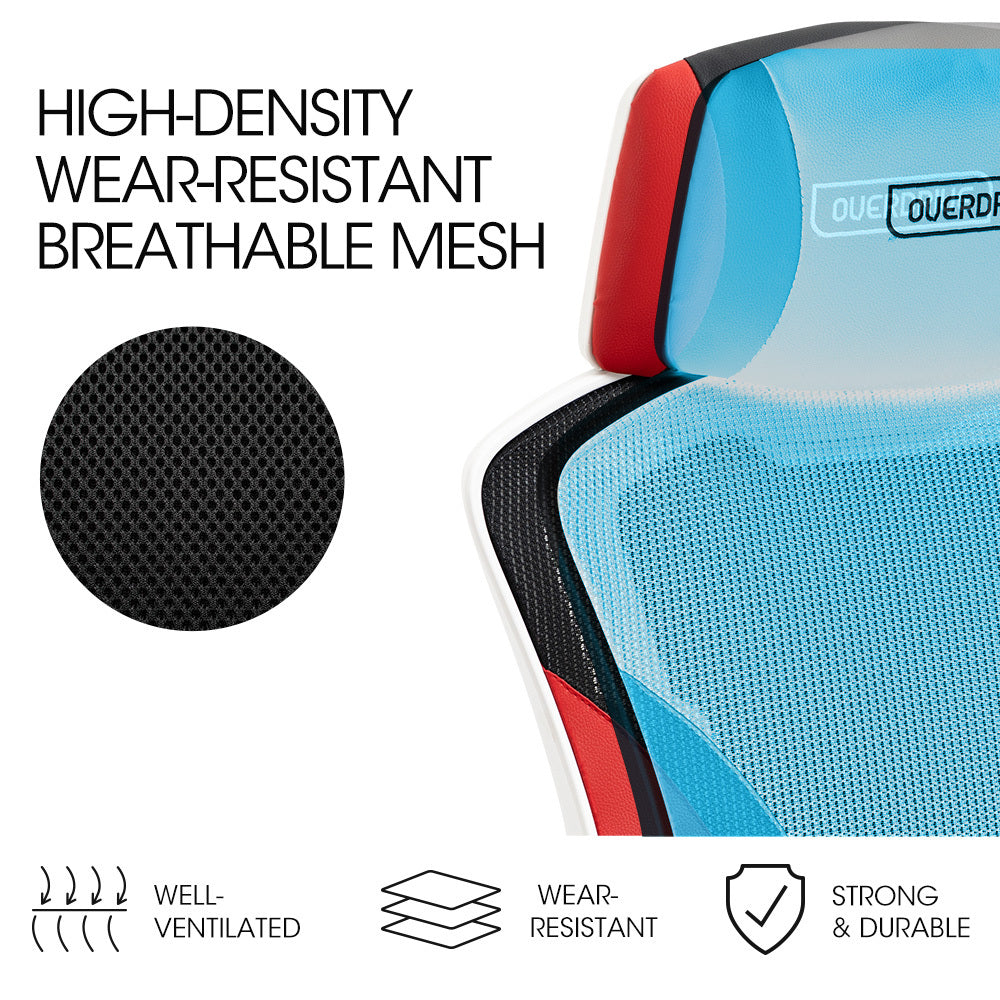 OVERDRIVE Ergonomic Mesh Gaming Chair with Lumbar Support & Headrest - Black/White/Red