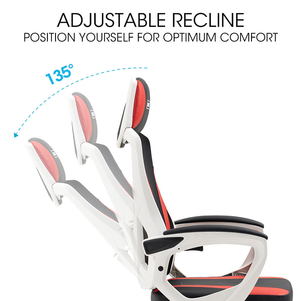 OVERDRIVE Ergonomic Mesh Gaming Chair with Lumbar Support & Headrest - Black/White/Red