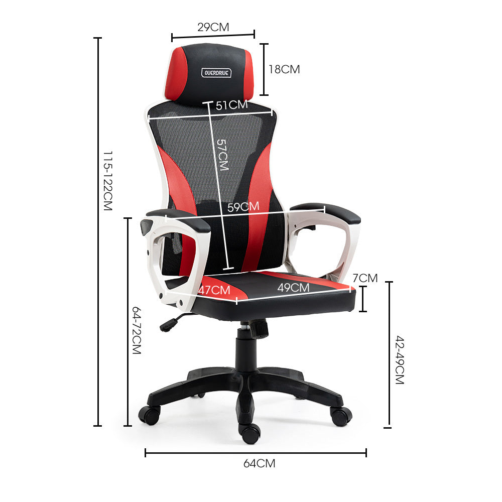 OVERDRIVE Ergonomic Mesh Gaming Chair with Lumbar Support & Headrest - Black/White/Red