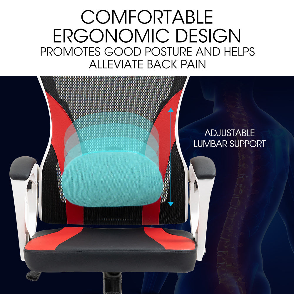 OVERDRIVE Ergonomic Mesh Gaming Chair with Lumbar Support & Headrest - Black/White/Red